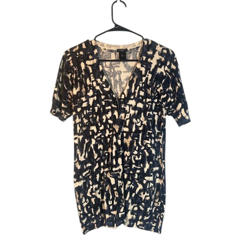 Ann Taylor Women’s Blue Watercolor Abstract Short Sleeve Button Knit Top Size MP
